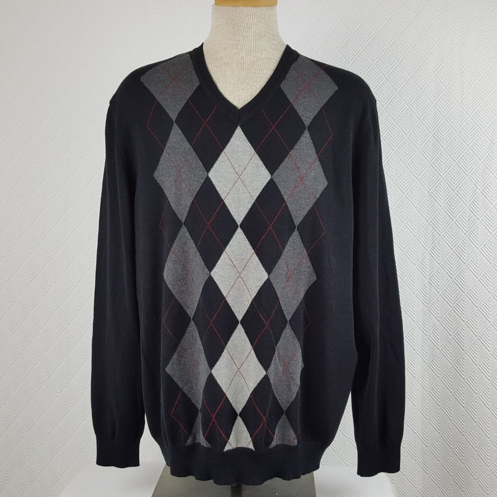 Club Room Men's Argyle Knit Pullover V-Neck Sweater Navy Blue Size XXL